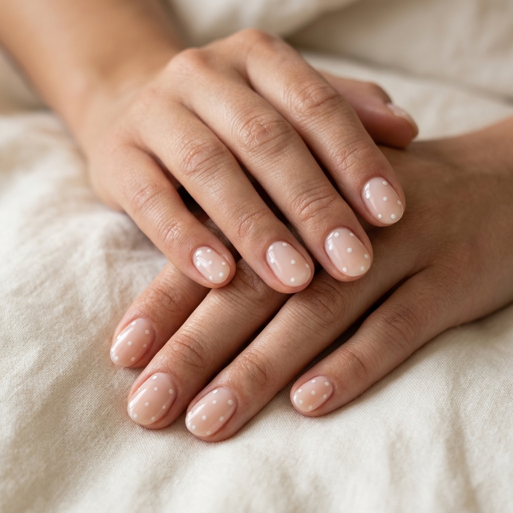 Milky nude nails with white dots: a cute summer nail inspo 2026 for casual brunch and picnics.