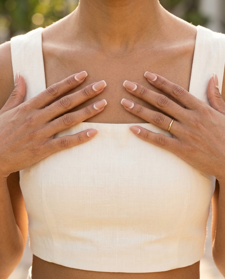 Nude crescent French square nails for summer nail inspo 2026. Minimalist chic with a subtle off-white detail.