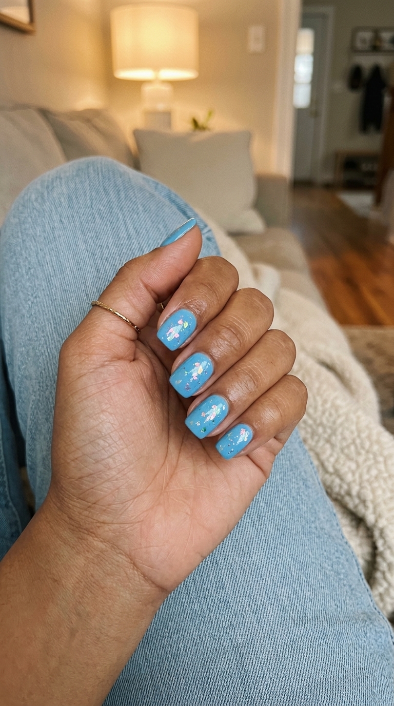 Oceanic foil flake square nails for summer nail inspo 2026. Cool sky blue with iridescent flakes for a modern look.