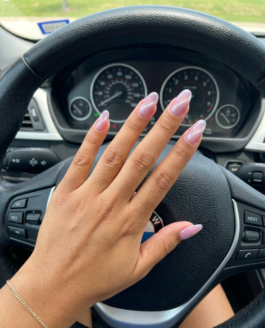 Sheer pink cat-eye oval nails: romantic summer nail inspo 2026 for date nights and evening events.