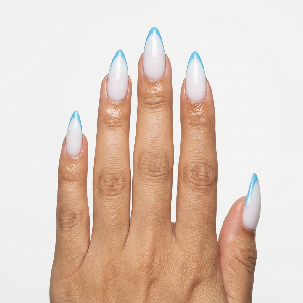 Sky blue micro French stiletto nails for summer nail inspo 2026. Chic with a thin blue tip on a milky white base.