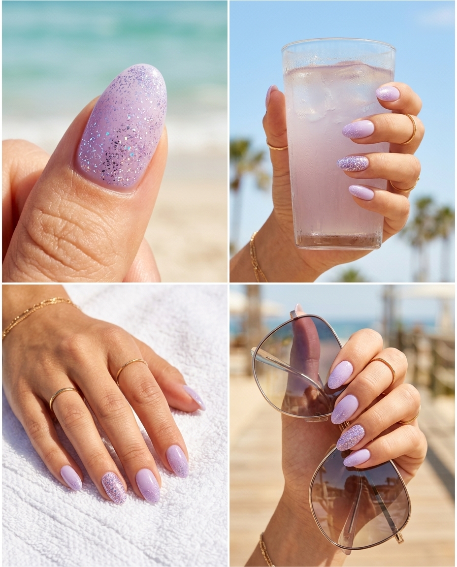 Sparkling lavender glitter accent nails for summer nail inspo 2026. Glamorous milky lavender with iridescent glitter.