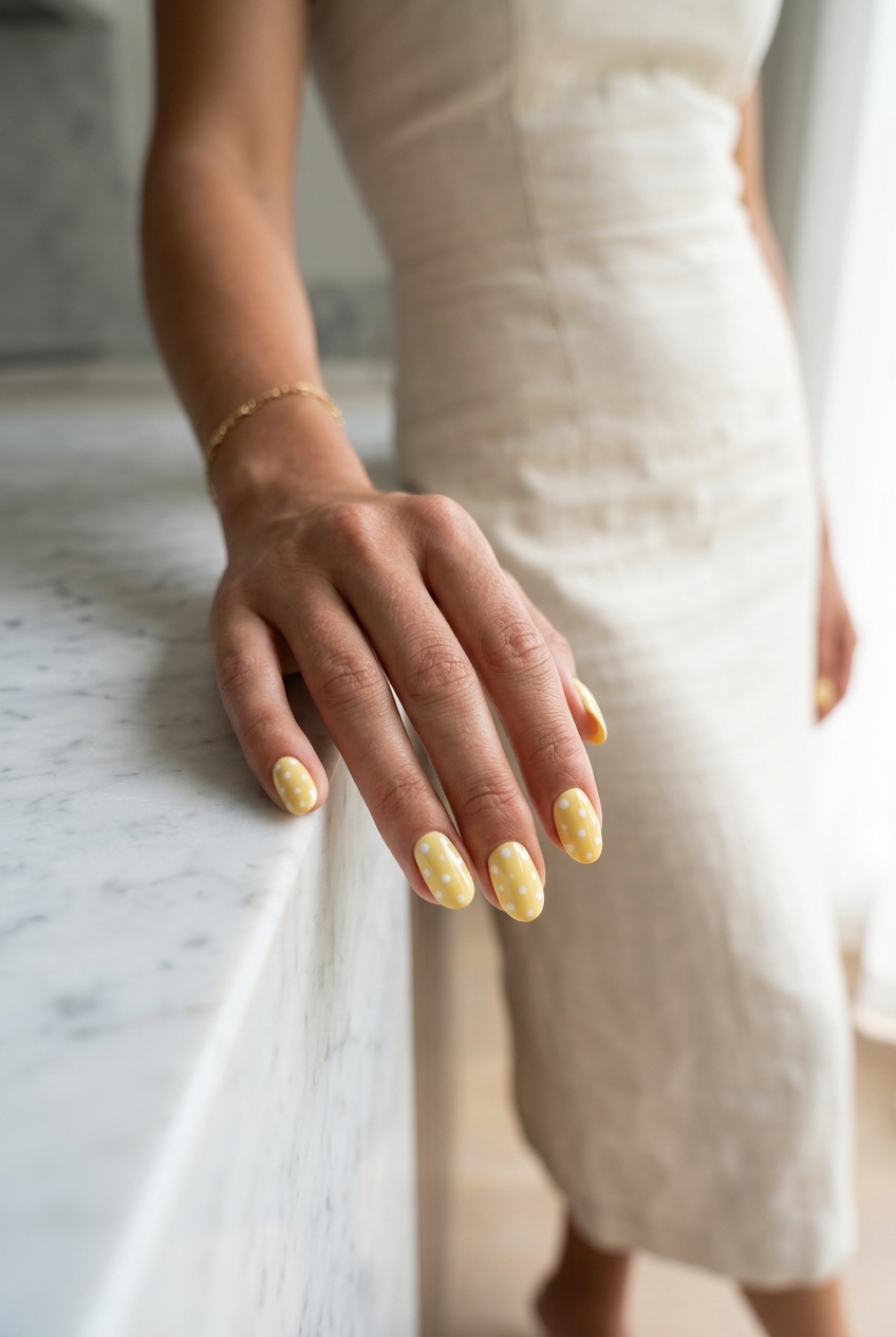 Sunny dot short round nails: whimsical summer nail inspo 2026 for casual picnics.