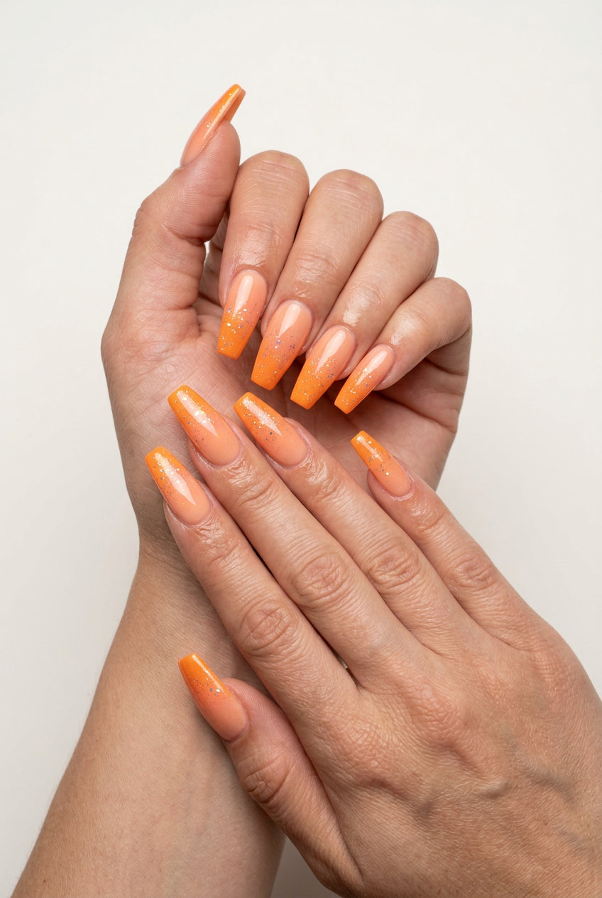 Sunset glitter ombre coffin nails: vibrant summer nail inspo 2026 for parties and celebrations.