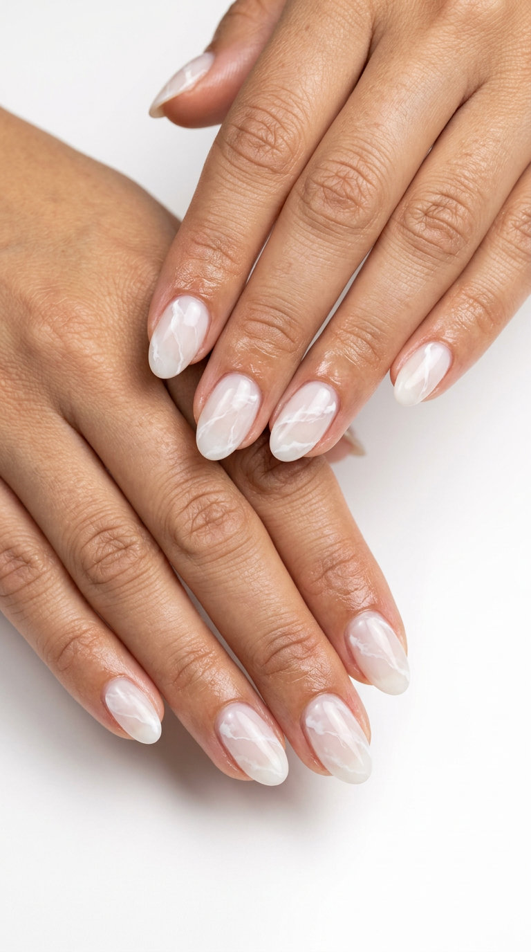 Cloudy Marble Elegance almond nails for summer nail manicure ideas 2026. Sophisticated and ethereal for weddings.