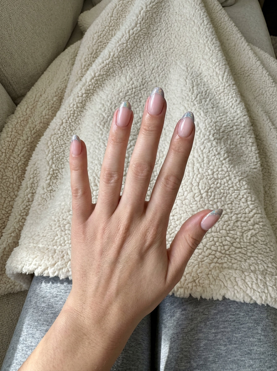 Cosmic Glitter French Oval nails for summer nail manicure ideas 2026. Whimsical and sparkling for festivals.