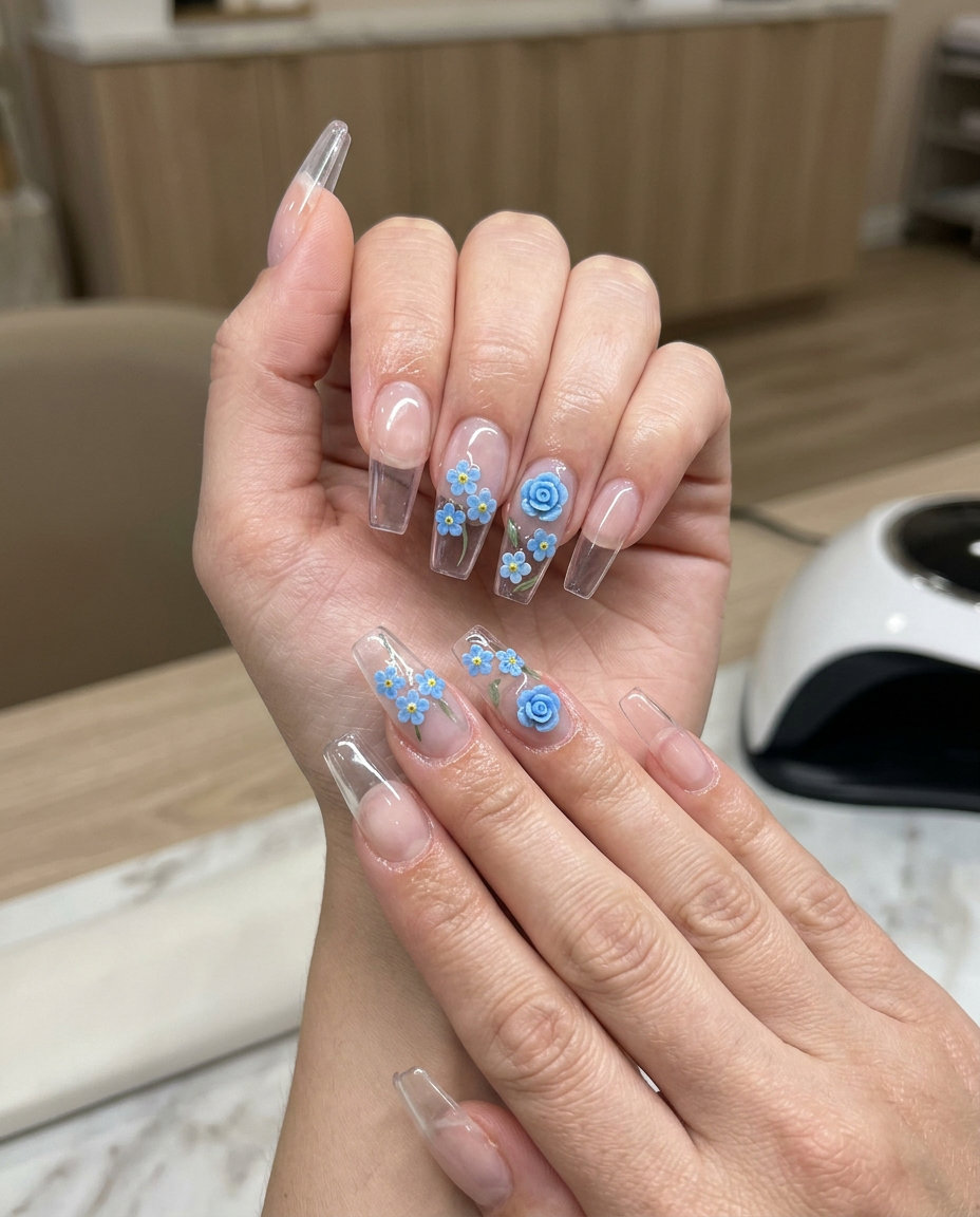 Enchanted Garden Bloom nails: clear jelly with 3D blue floral charms for festivals & summer parties. Summer nail manicure ideas 2026.