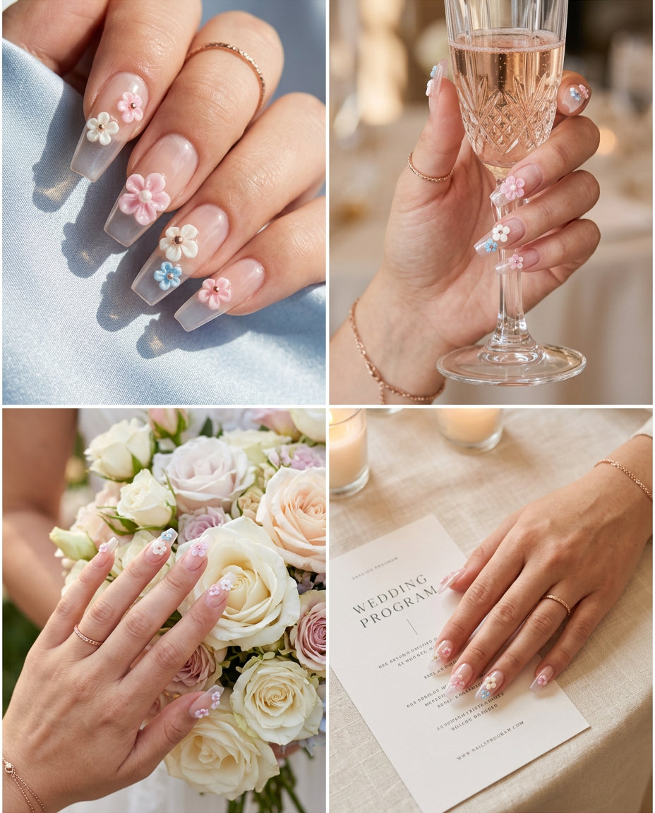 Enchanted Garden Glass Coffin summer nail manicure ideas 2026: Clear coffin nails with pastel floral charms.