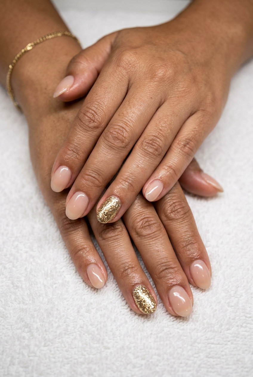 Glamorous Golden Accent Nude Oval nails for summer nail manicure ideas 2026. Elegant for parties.