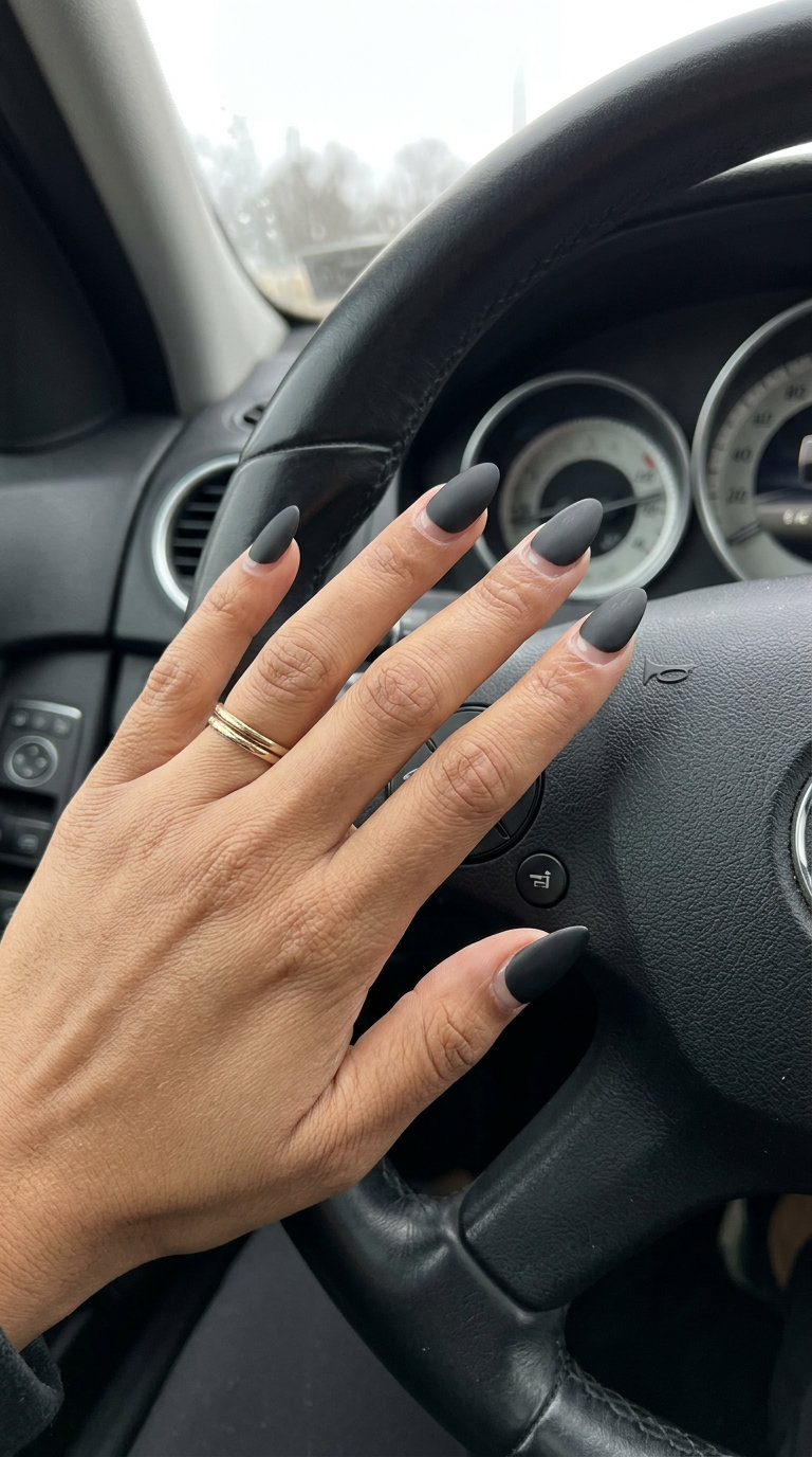 Modern Gothic Chic Reverse French Almond nails for summer nail manicure ideas 2026. Matte black with glossy nude tip.