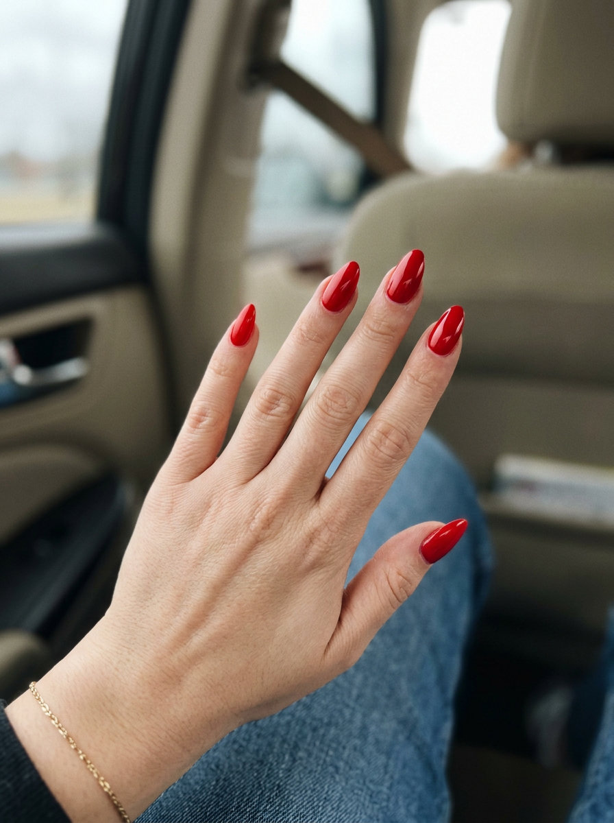 Hollywood Red Gloss summer nail manicure ideas 2026: Classic red on short squoval nails.