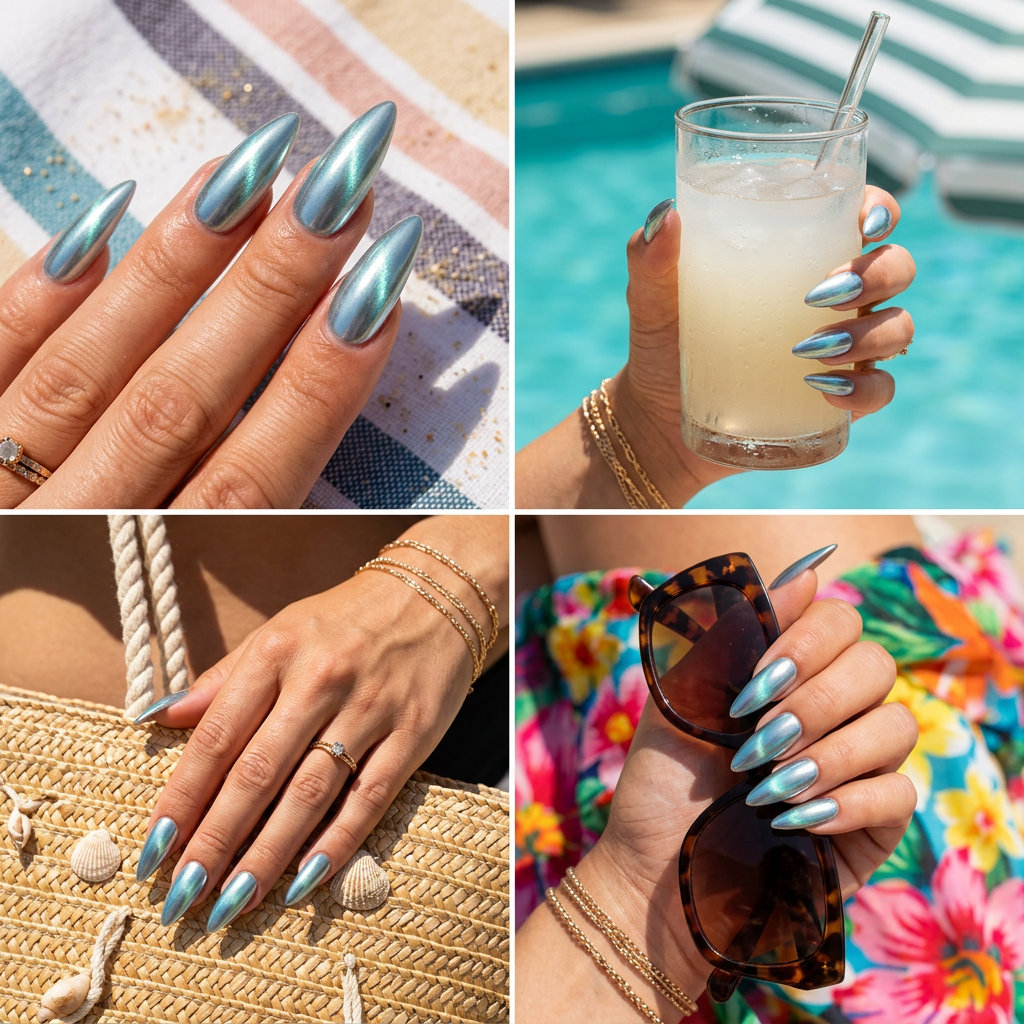 Mermaid Chrome Cat-Eye summer nail manicure ideas 2026: Silver-blue-green chrome cat-eye on almond nails.