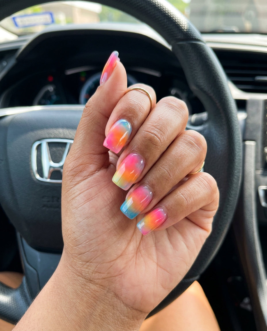 Rainbow Sherbet Ombre Jelly Square summer nail manicure ideas 2026: Pink, orange, yellow, blue jelly gradient.