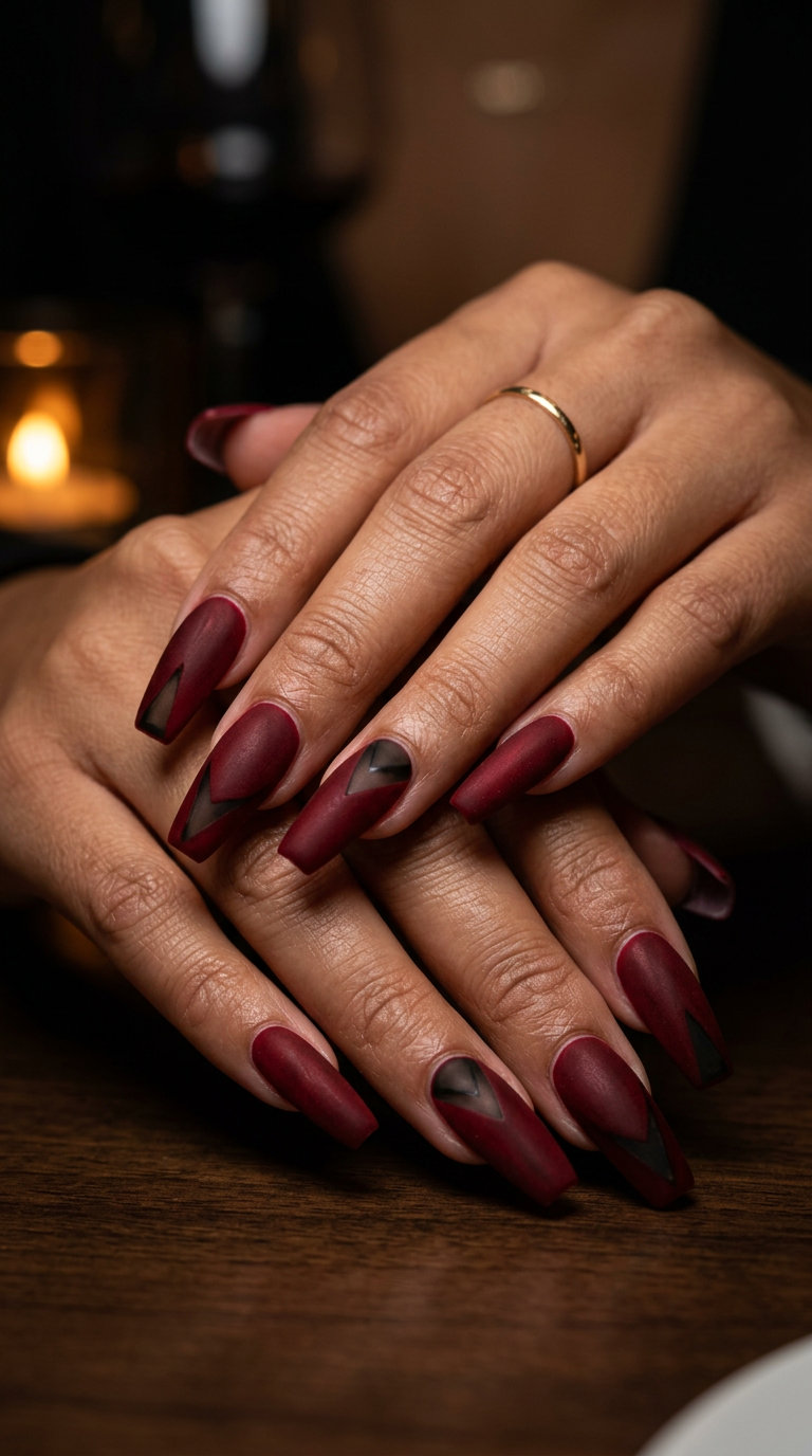 Sultry Velvet Cutout Coffin summer nail manicure ideas 2026: Deep red velvet matte with black negative space.
