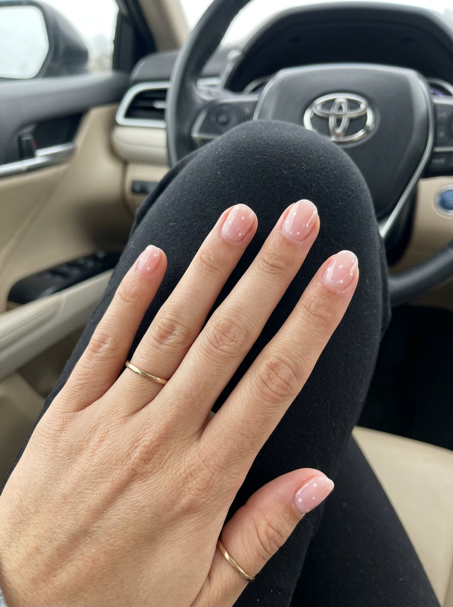 Summer Garden Milk Bath Dots summer nail manicure ideas 2026: Milky pink with white micro-dots, round nails.