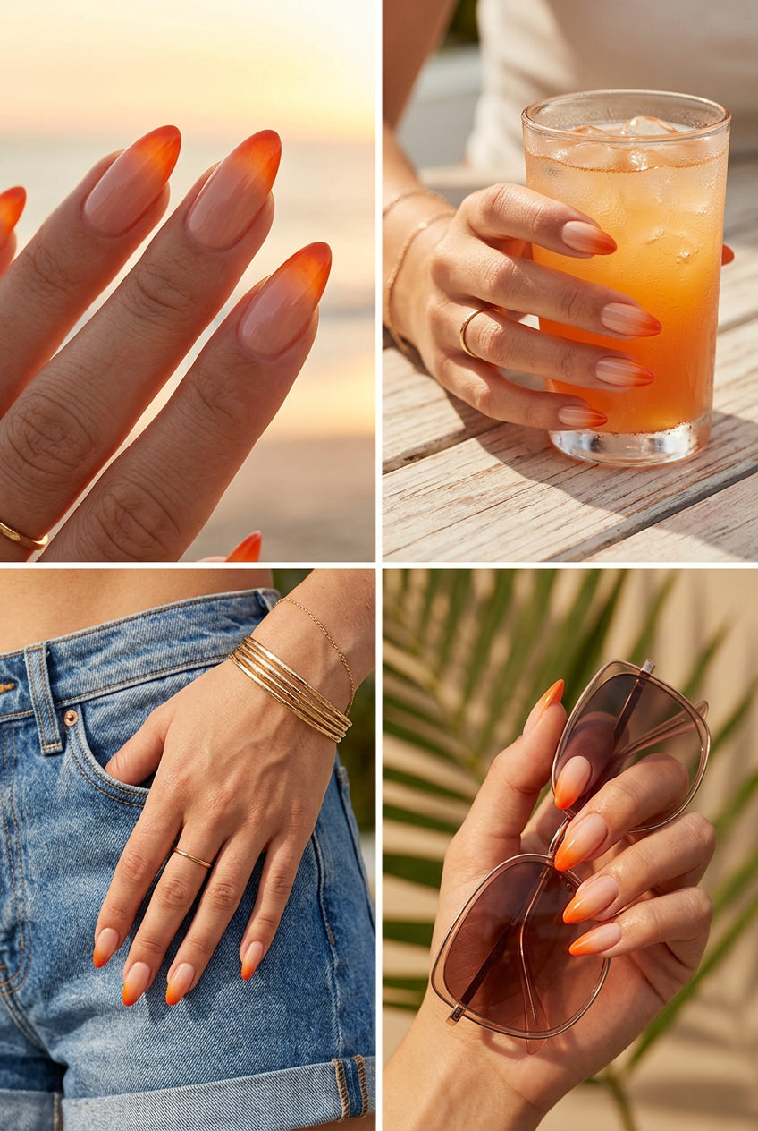 Sunset Burst Ombre almond nails: sheer nude to vibrant orange gradient for vacation & summer evenings. Summer nail manicure ideas 2026.