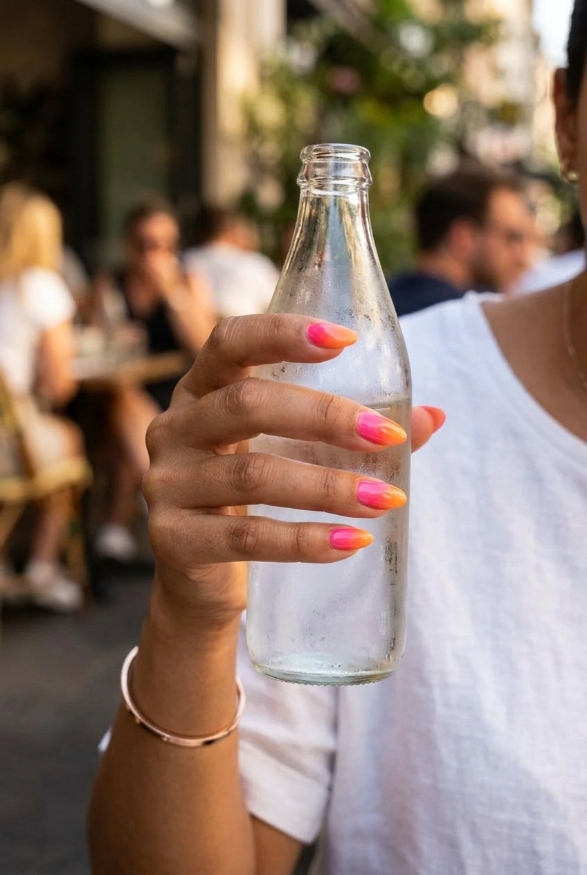 Tropical Aura Blend summer nail manicure ideas 2026: Pink and orange jelly gradient on coffin nails.