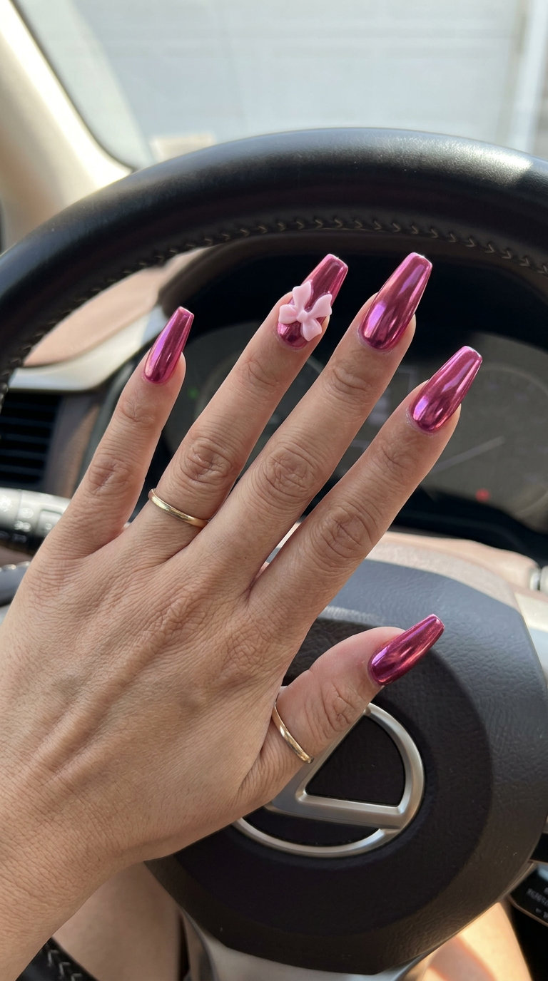 3D Bow Detail Pink Chrome nails for summer nails 2026: playful, girly, edgy party outfit.
