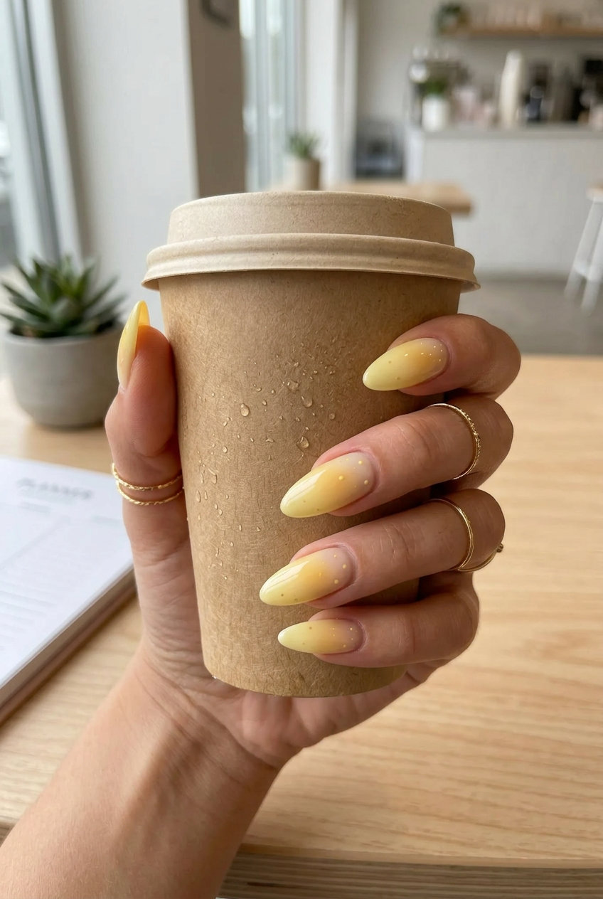 Butter Yellow Aura Dots nails for summer nails 2026: whimsical vacation outfit.