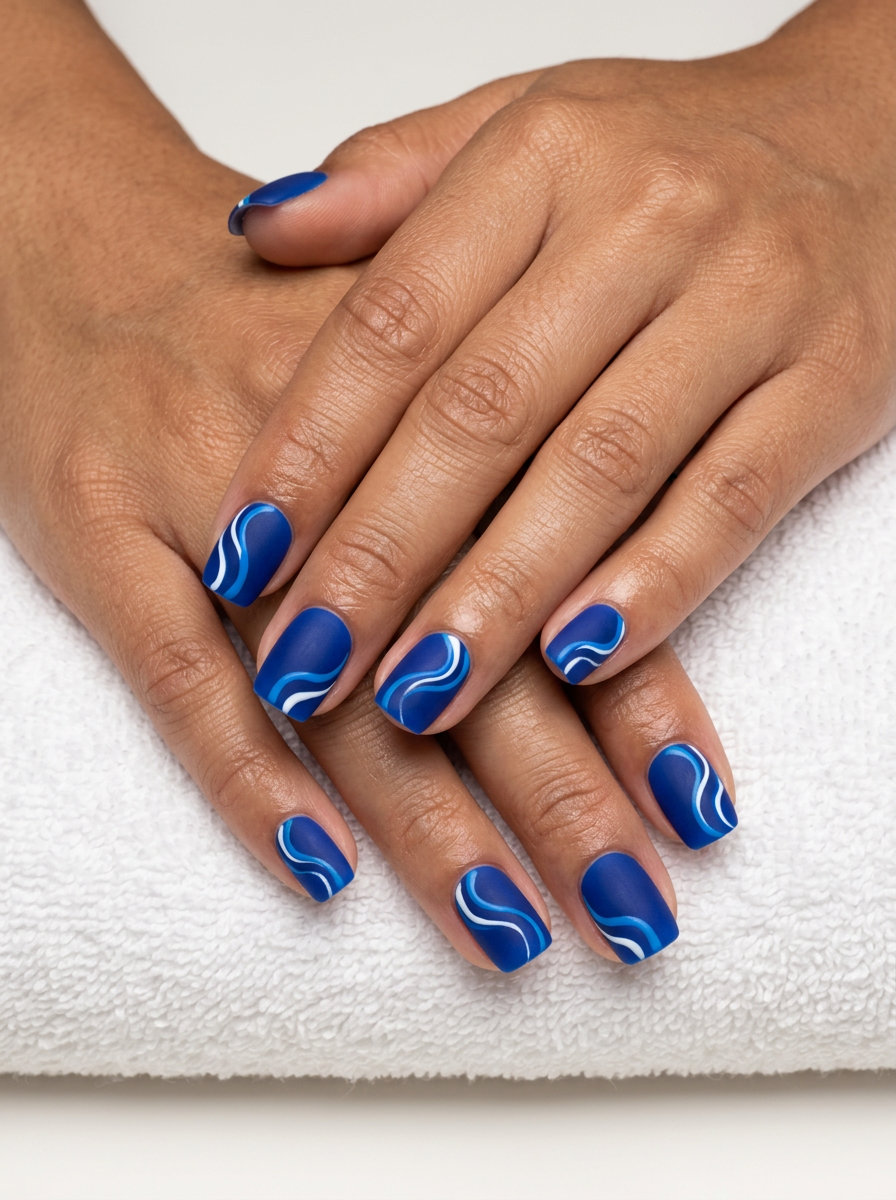 Cobalt blue abstract swirls matte nails for summer nails 2026, edgy for festivals and parties.