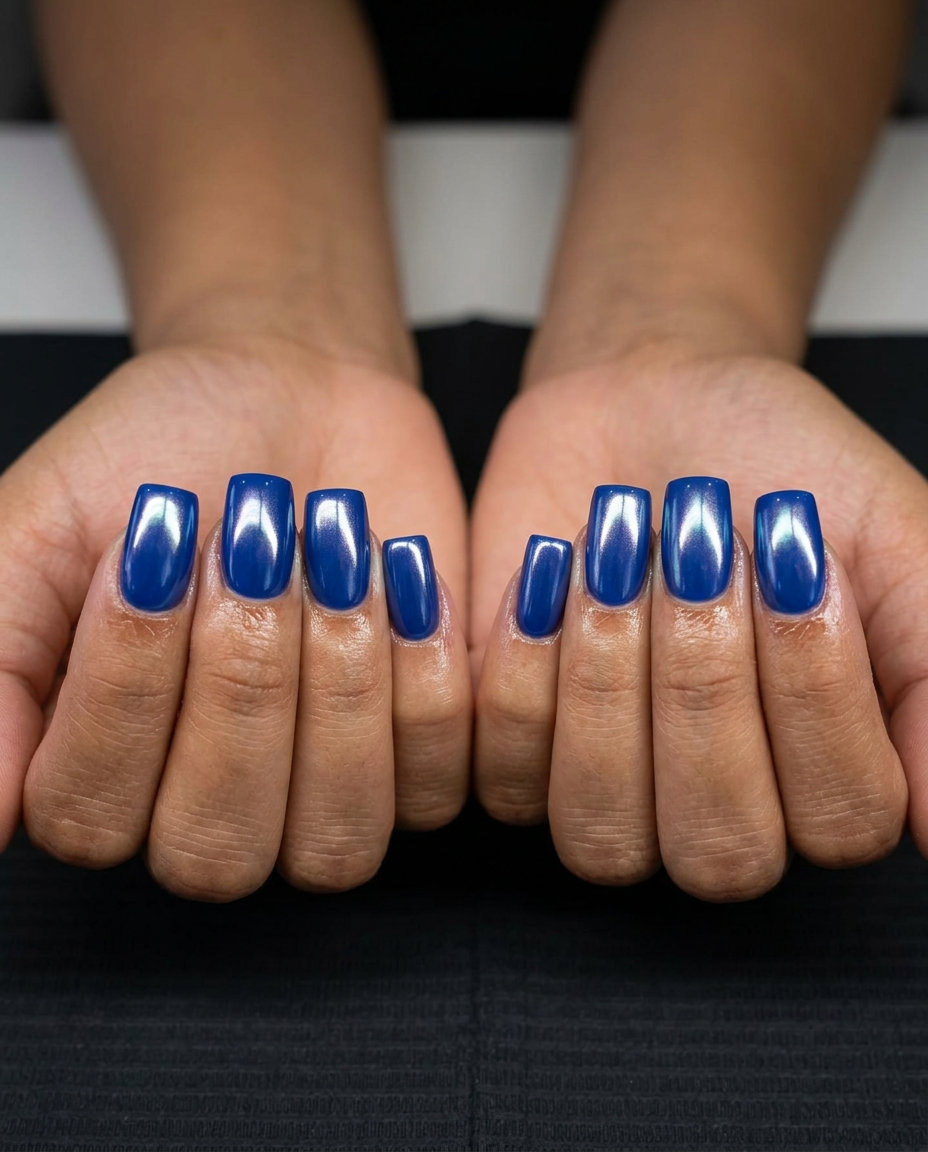 Cobalt Blue Glazed Donut nails for summer nails 2026: sophisticated evening event outfit.