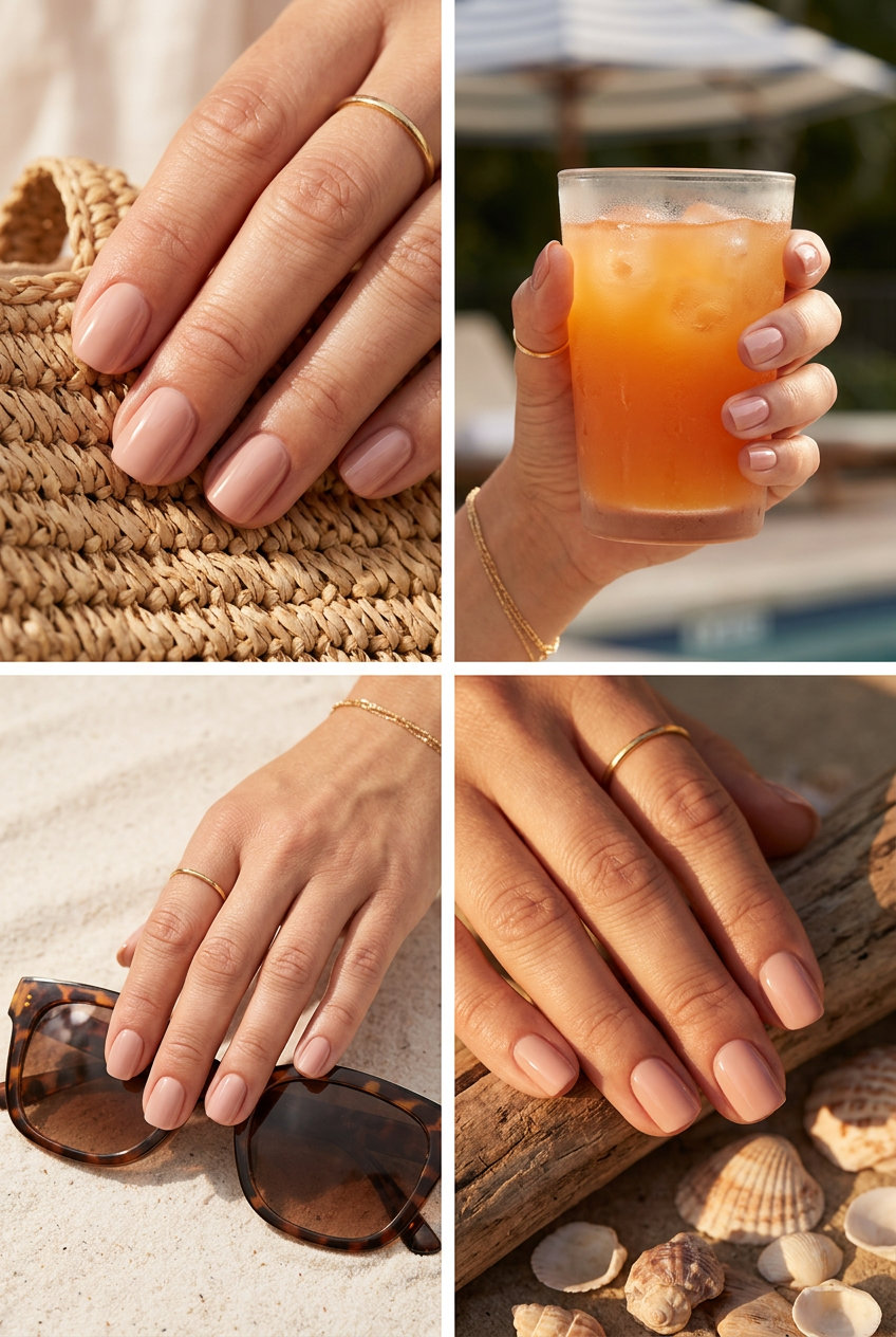 Effortless Nude Overlay nails for summer nails 2026: clean girl daily wear outfit.