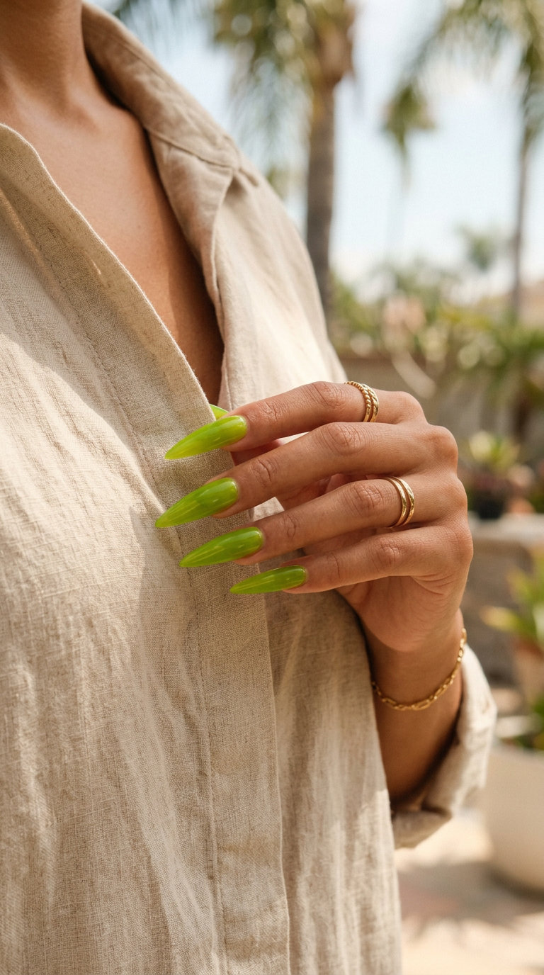 Electric lime green jelly stiletto nails for summer nails 2026, ideal for parties and summer events.