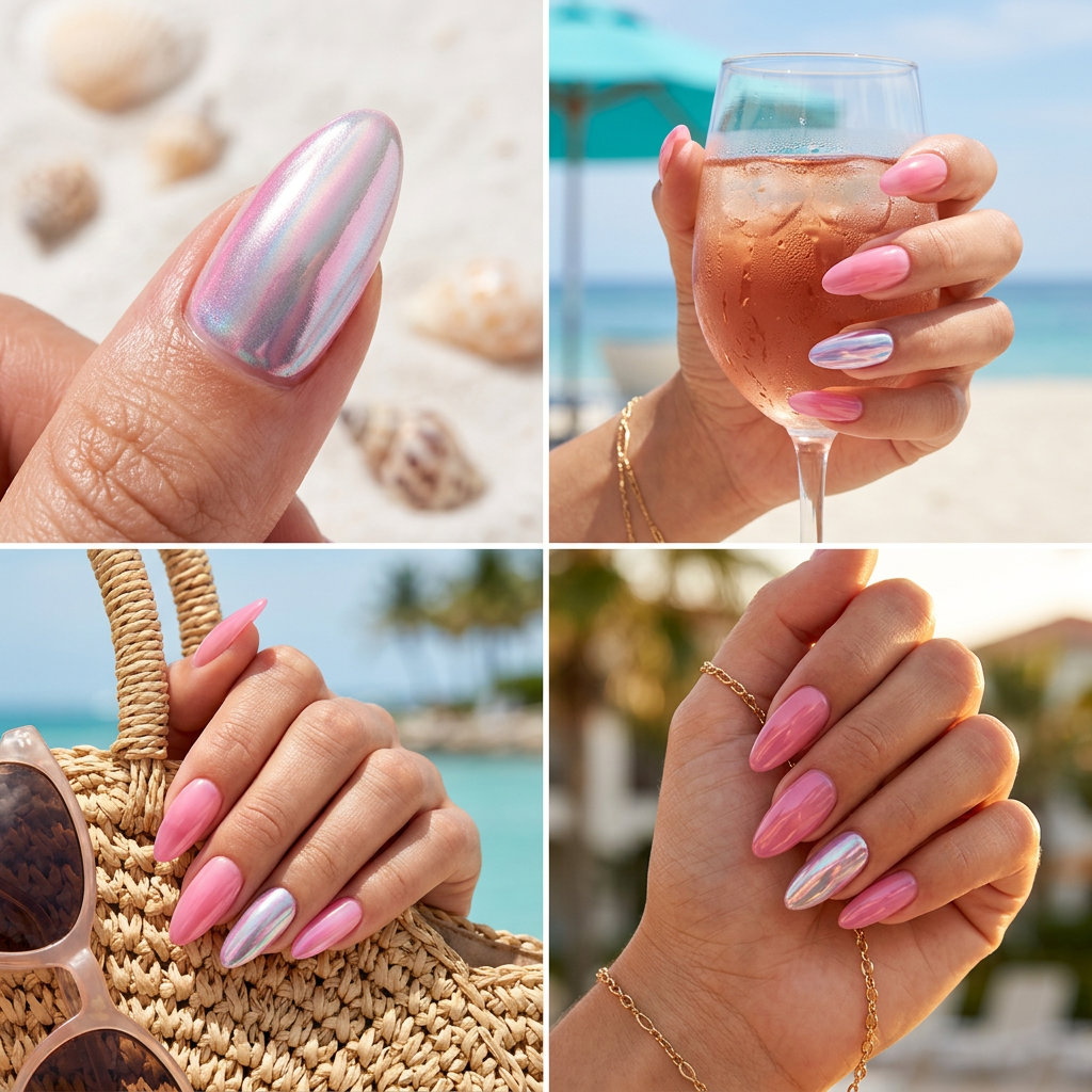 Jelly pink almond nails with chrome accent for summer nails 2026. Playful date night style.