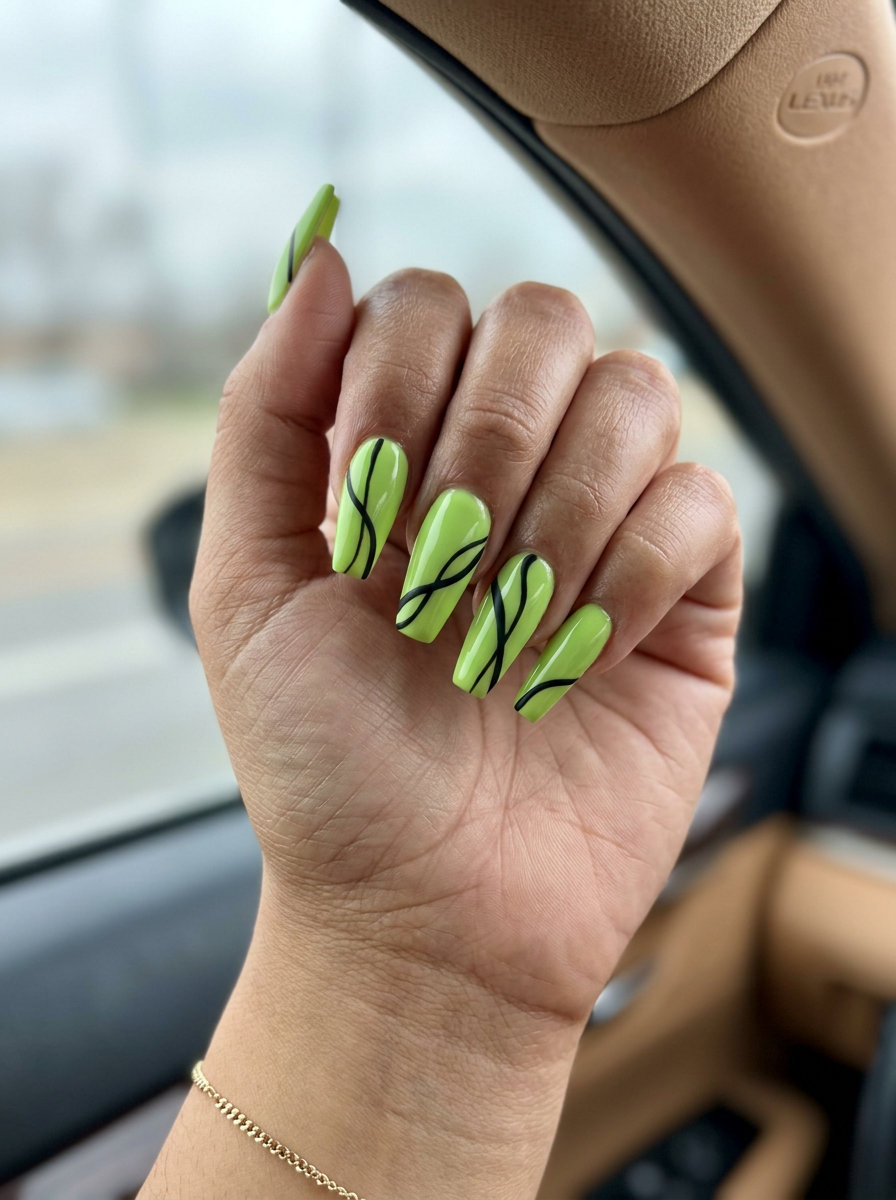 Lime Green Abstract Lines nails for summer nails 2026: edgy festival outfit.