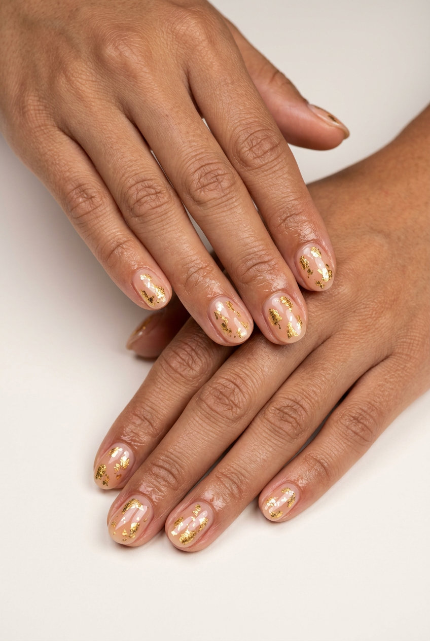 Metallic gold foil flakes on sheer nude nails for summer nails 2026, perfect for evenings and events.
