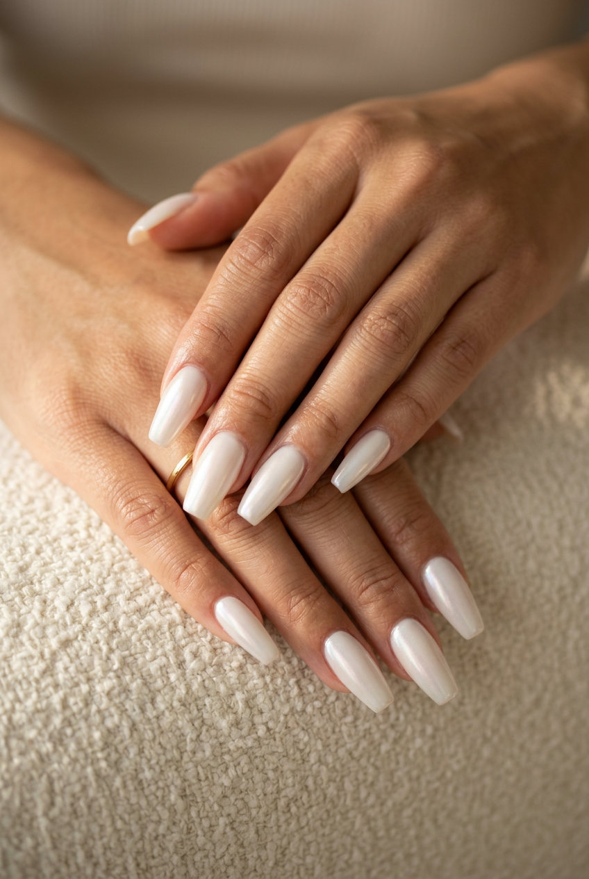 Milky White Glazed Donut Coffin nails for summer nails 2026: sophisticated wedding outfit.