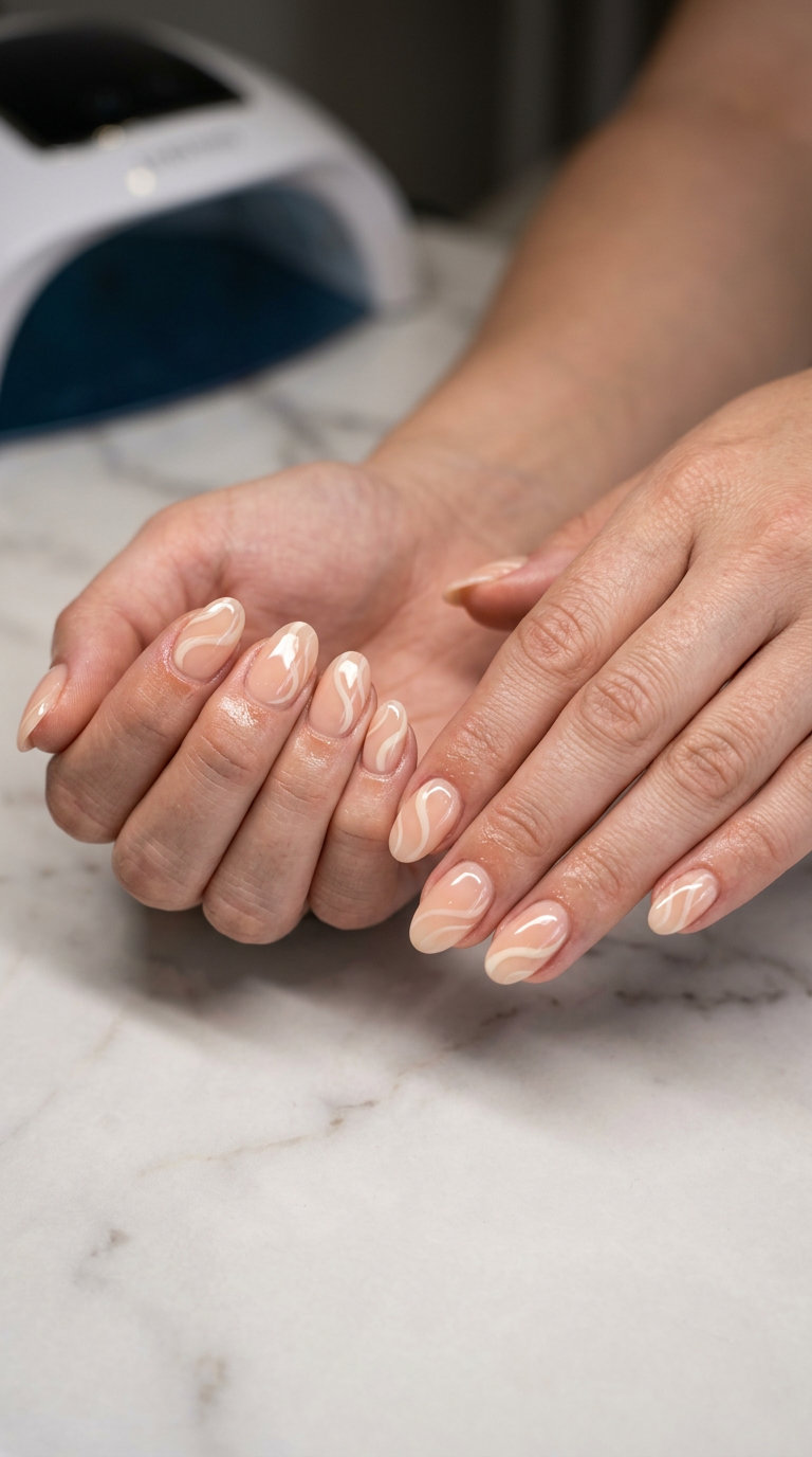 Soft peach fuzz almond nails with cream swirls for summer nails 2026. Romantic daytime event style.