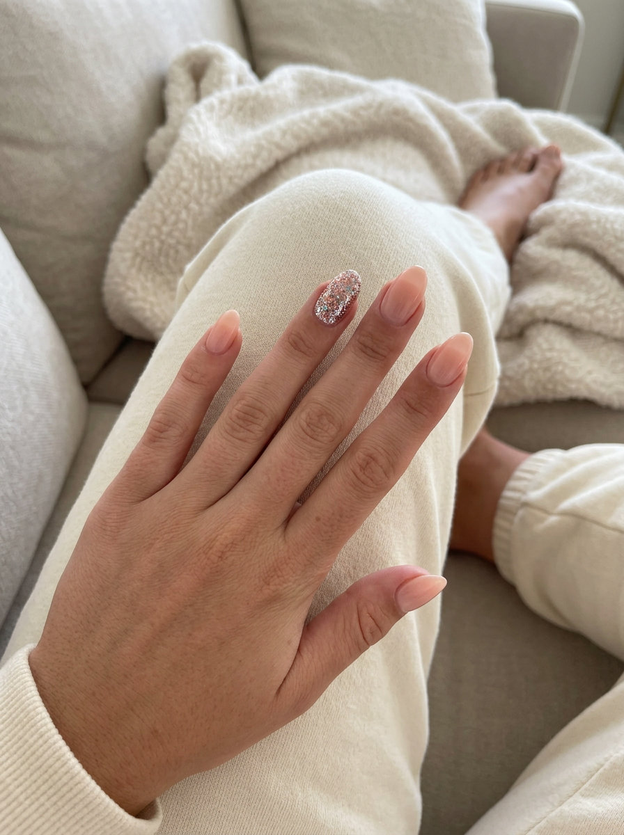 Sparkling peach fuzz almond nails with glitter accent for summer nails 2026. Glamorous wedding guest look.