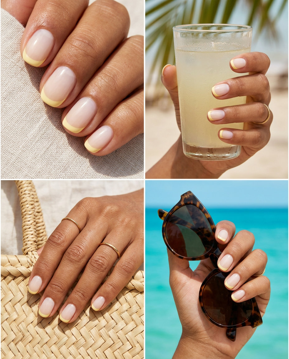 Subtle Yellow French nails for summer nails 2026: minimalist bridal shower outfit.