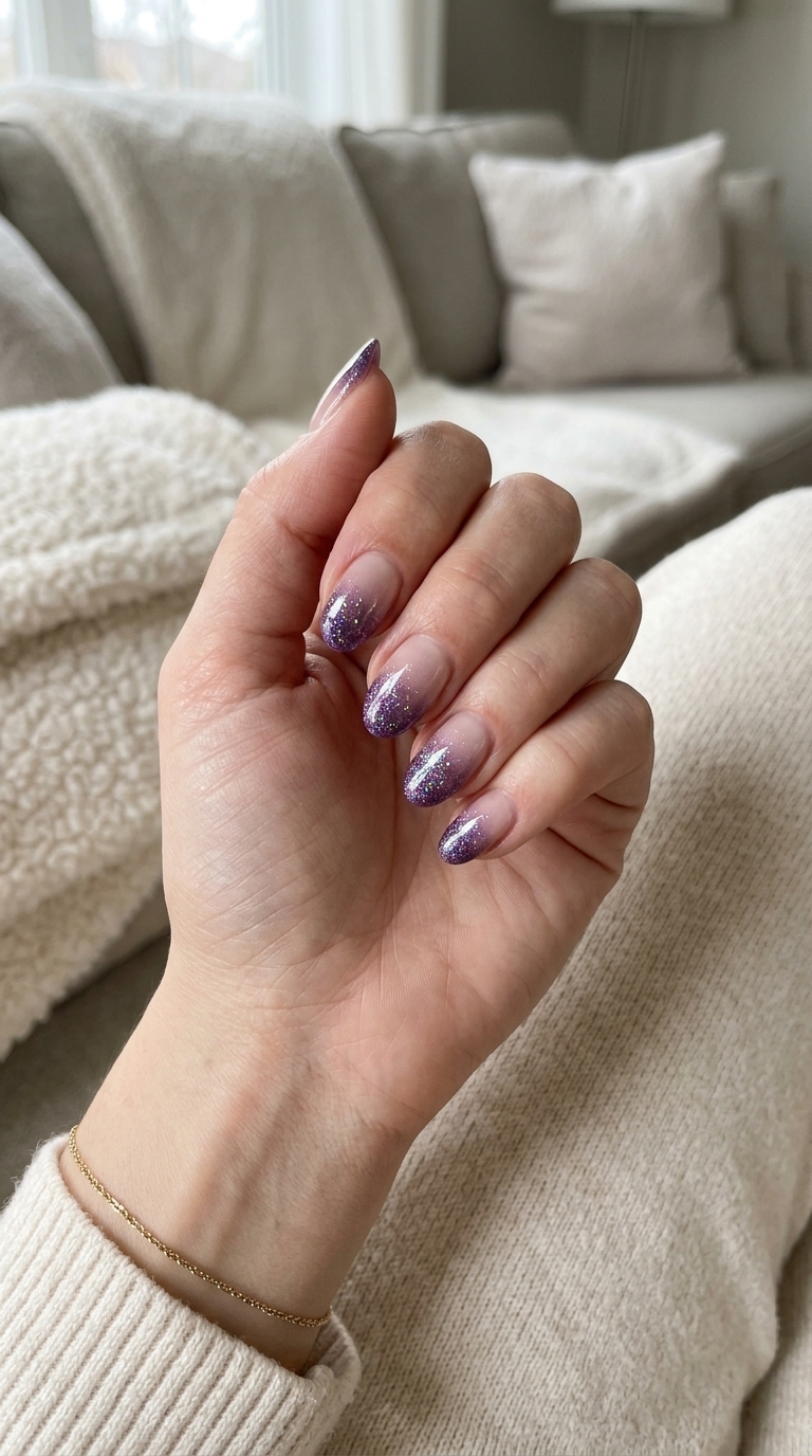 Amethyst Ombre Ballerina Nails 2026 Amethyst glitter ombre ballerina nails for summer nails for dark skin 2026. Glamorous party & wedding guest nails.