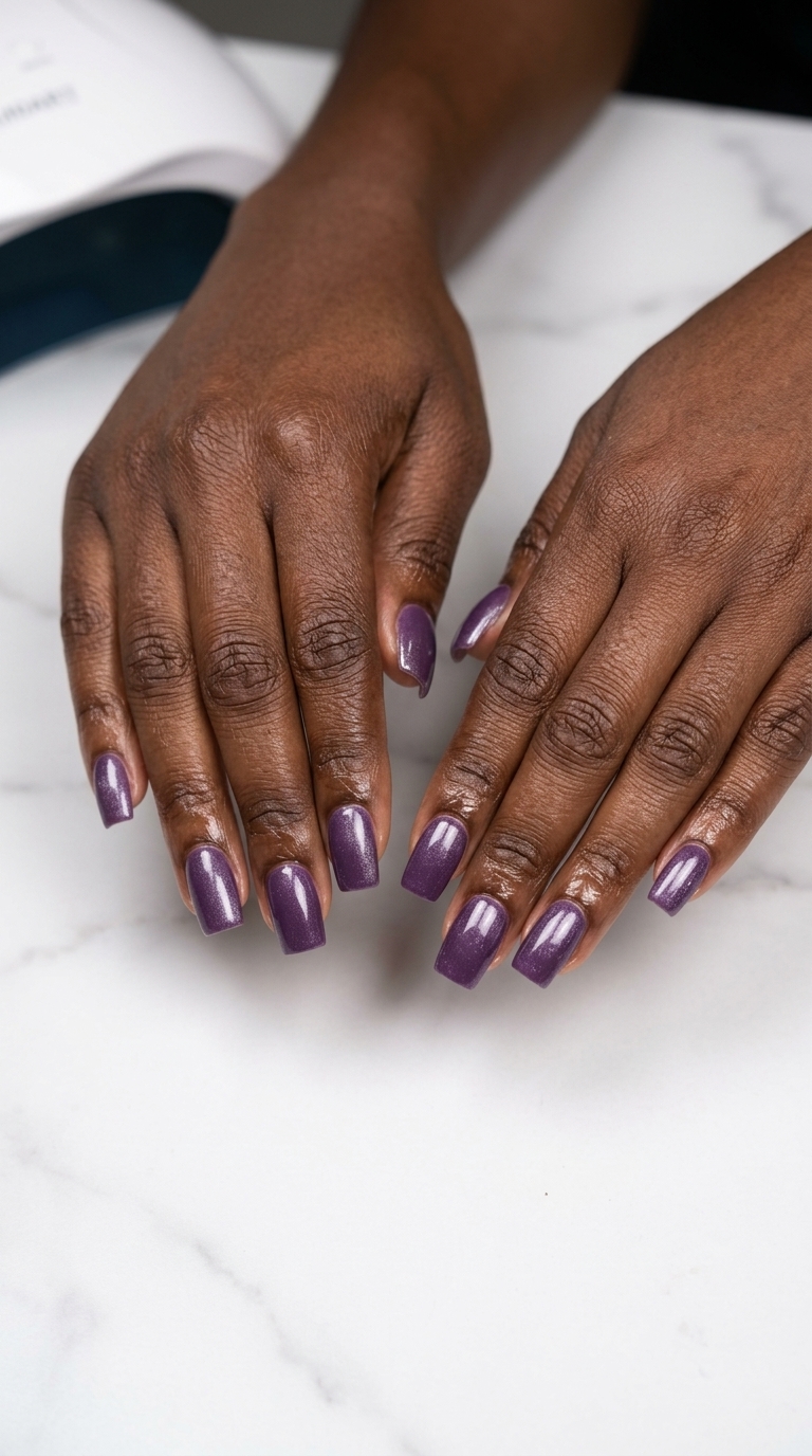 Elegant Amethyst Purple Shimmer Nails 2026 Deep amethyst purple shimmer nails for summer nails for dark skin 2026. Elegant work-appropriate style.