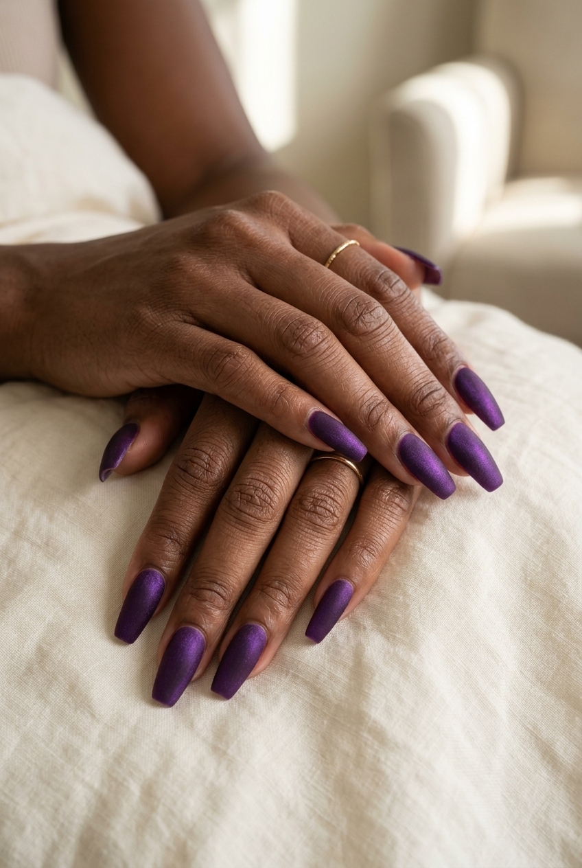 Amethyst Velvet Coffin Nails 2026 Amethyst velvet coffin nails for summer nails for dark skin 2026. Sophisticated formal event & evening out nails.