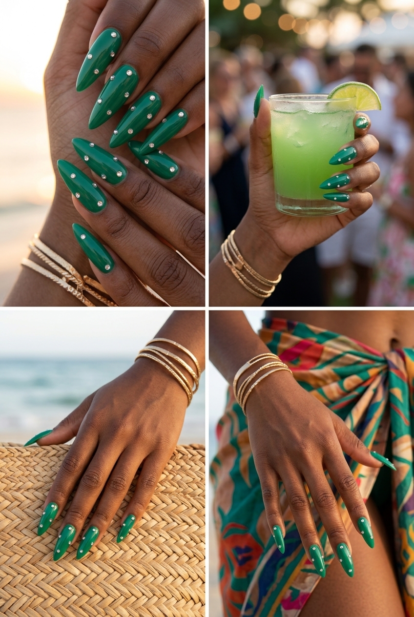 Emerald Green Rhinestone Nails 2026 Emerald green glossy nails with rhinestone accents for summer nails for dark skin 2026. Glamorous party & cocktail hour nails.