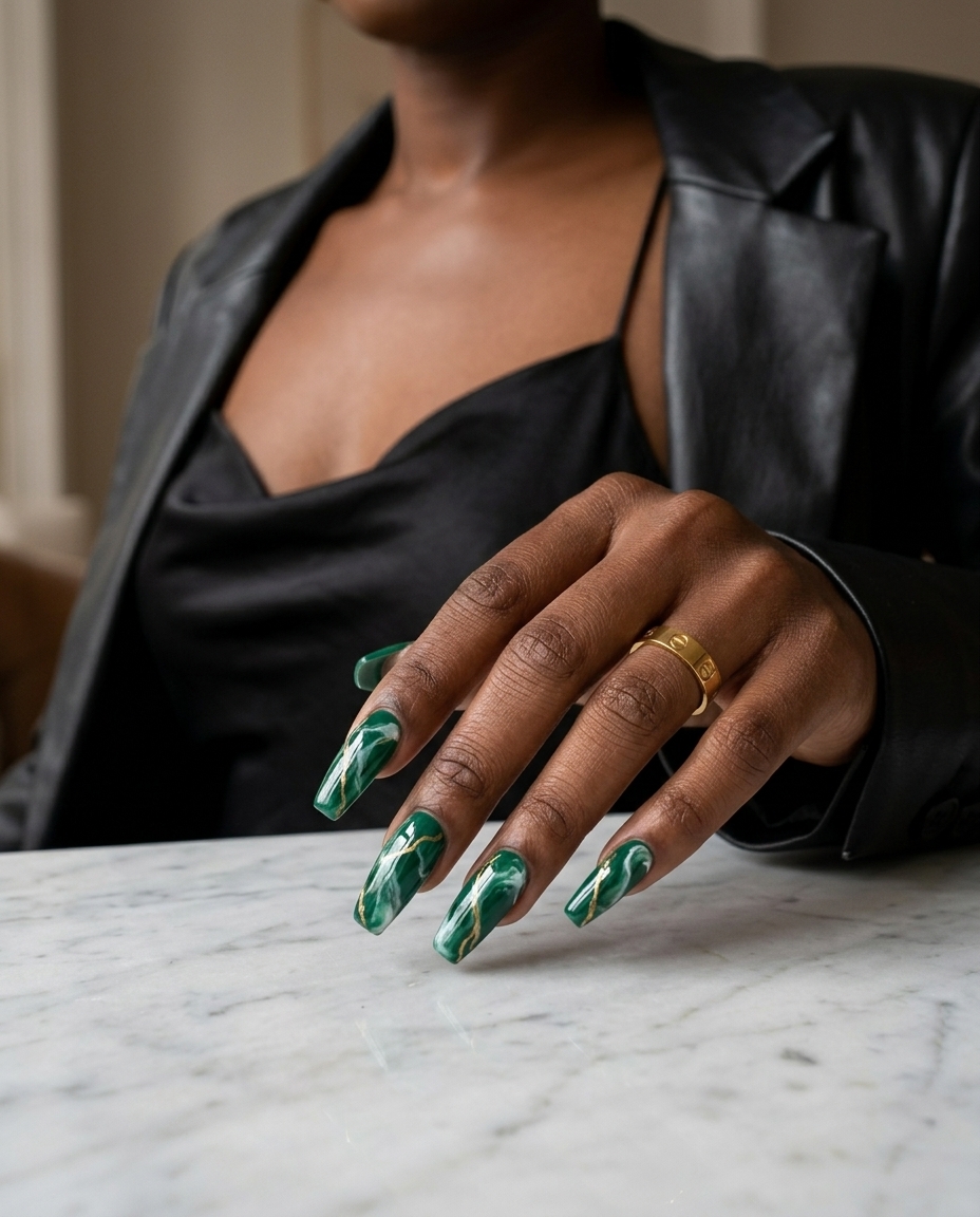 Elegant Emerald Green Marble Nails 2026 Emerald green marble nails with gold veins for summer nails for dark skin 2026. Polished wedding guest look.