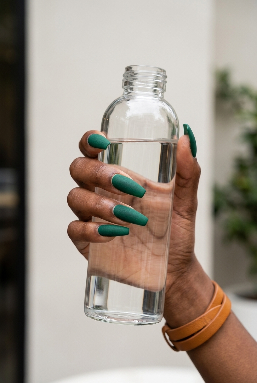 Sultry Emerald Green Textured Nails 2026 Deep emerald green textured gloss nails for summer nails for dark skin 2026. Sultry party look.