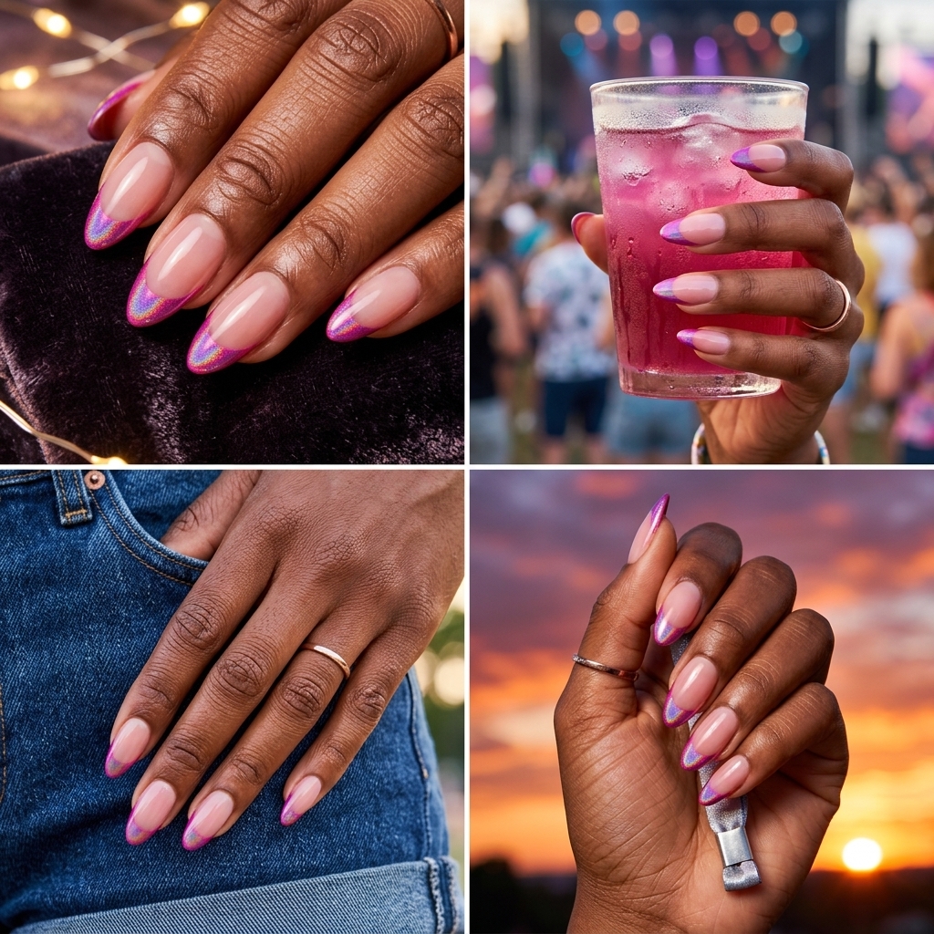Vibrant Fuchsia Holographic French Tips 2026 Fuchsia holographic French tips on coffin nails for summer nails for dark skin 2026. Vibrant vacation style.