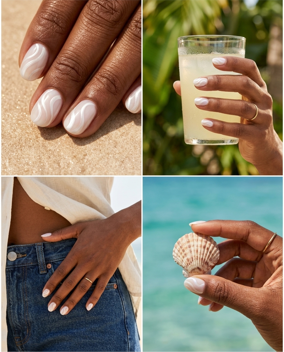 Pearlescent White Swirls: Summer Nails for Dark Skin 2026 Pearlescent White Swirls: Elegant summer nails for dark skin 2026. Romantic and ethereal.