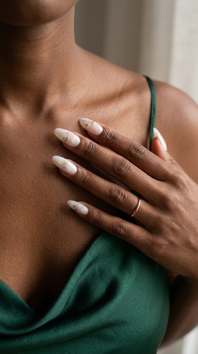 Sheer White Milk Bath Floral: Summer Nails for Dark Skin 2026 Sheer White Milk Bath Floral: Romantic summer nails for dark skin 2026. Ethereal and clean.