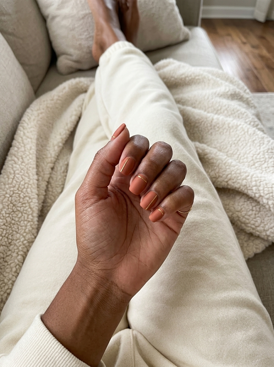 Chic Terracotta Metallic Line Nails 2026 Matte terracotta nails with metallic gold lines for summer nails for dark skin 2026. Chic daily casual look.