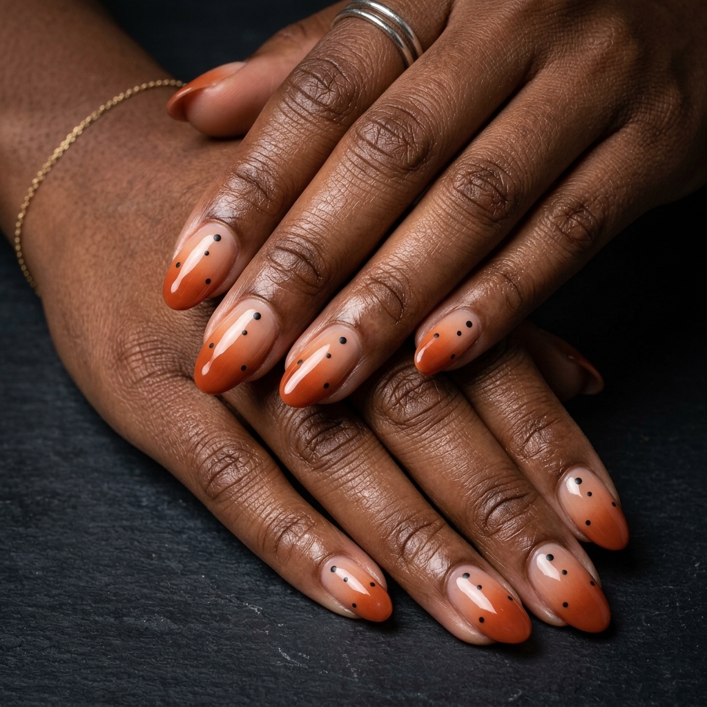 Whimsical Terracotta Ombre Dot Nails 2026 Terracotta ombre nails with celestial dots for summer nails for dark skin 2026. Whimsical vacation style.
