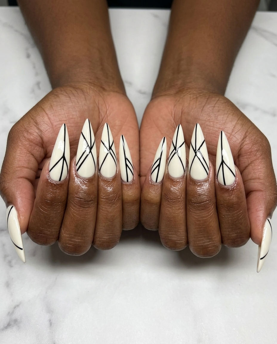 Edgy White & Black Geometric Nails 2026 Crisp white nails with black geometric lines, perfect for summer nails for dark skin 2026. Edgy festival style.