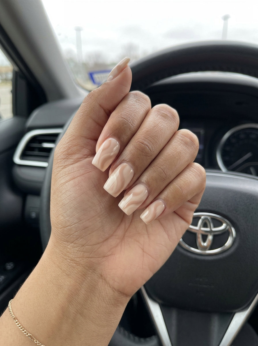 Boho Nude Swirls Square nails: creamy nude with lighter nude abstract swirls, perfect for summer nails square medium 2026.