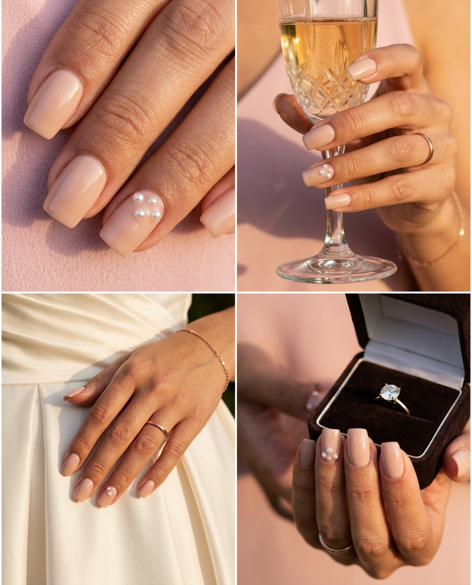 Delicate Pearl Embellishment Square nails: soft nude with pearl white accents, elegant for summer nails square medium 2026.