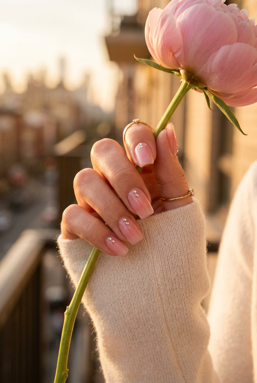 Fairy Dew Drop Square nails: sheer pink with iridescent gems, whimsical for summer nails square medium 2026.