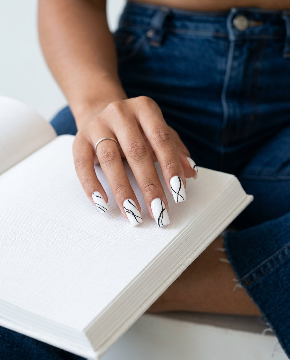 Graphic Monochrome Minimalist Lines nails: white with black lines for summer nails square medium 2026.